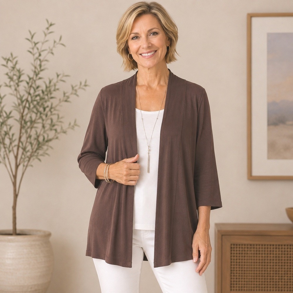Chicos Travelers Open Front Cardigan Size 1 Brown Rayon Knit Travel Career Layer